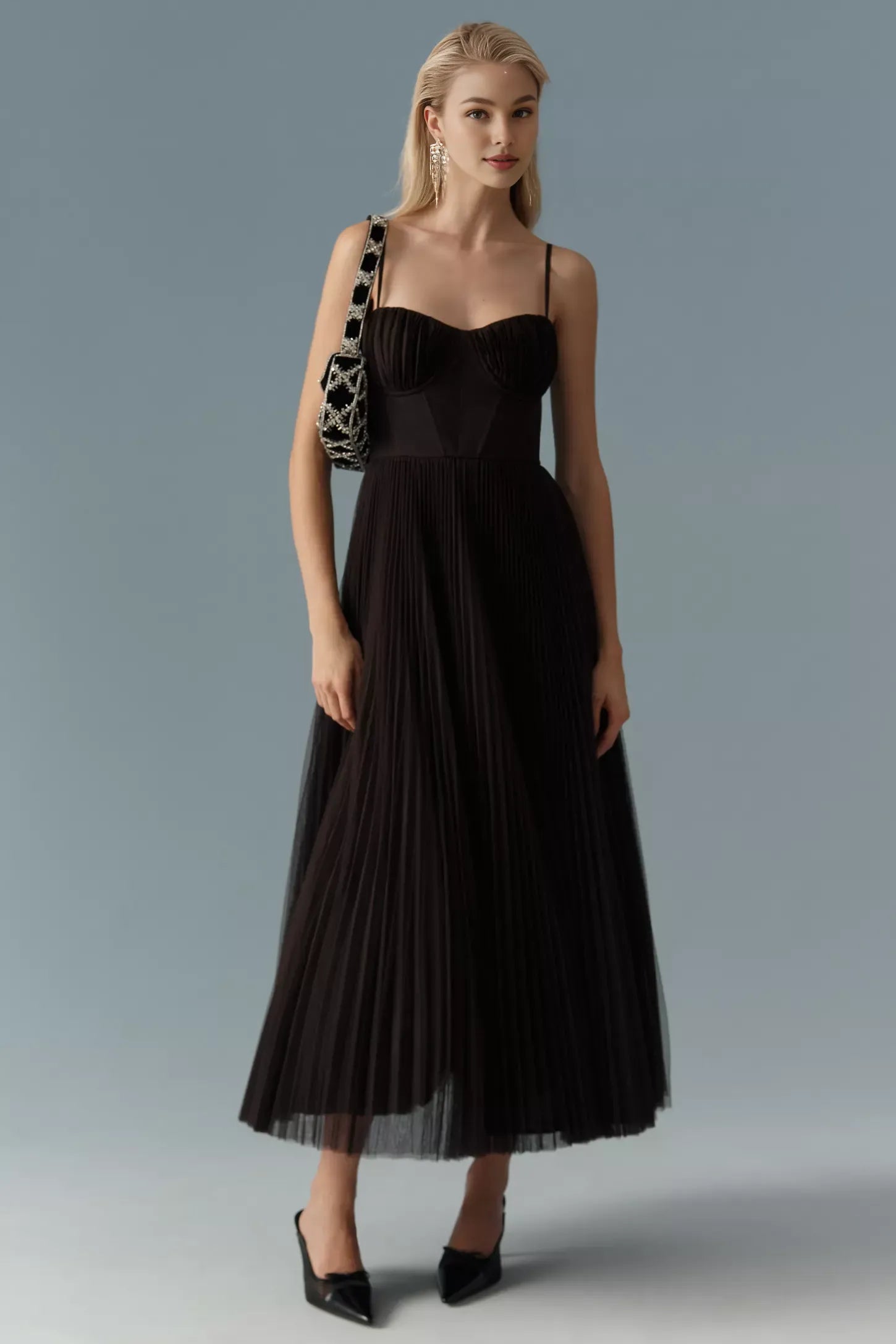Robe Weitese Corset plissée en tulle, robe mi-longue ajustée et évasée à bretelles spaghetti, robe de bal trapèze bleue